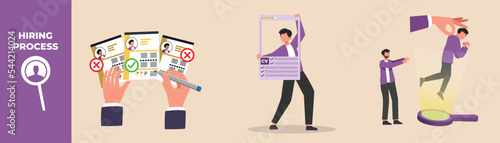 Businessman choose resume of best candidate for interview for open vacancy in office, Candidate take picture for CV and selection staff for dismissal. Hiring process concept. Flat vector illustration.