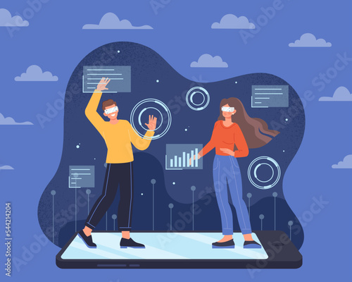 Metaverse mobile concept. Man and young girl in VR glasses work with statistics, analyze graphs and diagrams. Modern technologies and digital world, innovation. Cartoon flat vector illustration