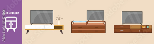 Flat screen tv on modern tv stand set. Modern Furniture set concept. Colored flat graphic vector illustration isolated. 