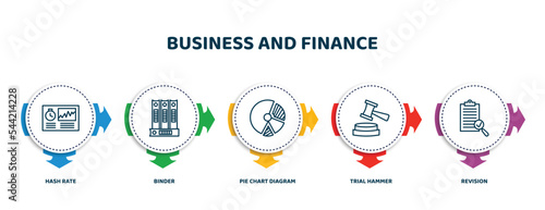 editable thin line icons with infographic template. infographic for business and finance concept. included hash rate, binder, pie chart diagram, trial hammer, revision icons.