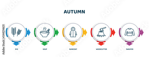 editable thin line icons with infographic template. infographic for autumn concept. included rye, soup, raincoat, woodcutter, sweater icons.