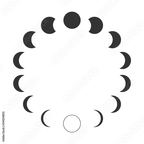 Moon phases. Calendar lunar cycle. Waning and waxing Moon silhouettes isolated on white background. Round shapes of Luna celestial object