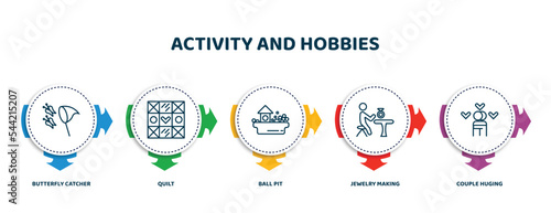 editable thin line icons with infographic template. infographic for activity and hobbies concept. included butterfly catcher, quilt, ball pit, jewelry making, couple huging icons.