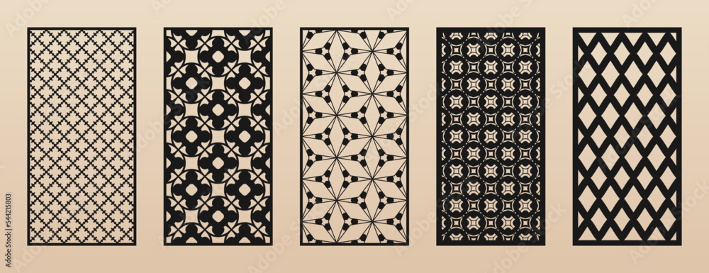 Laser cut patterns. Vector set of oriental geometric ornaments with grid, mesh, diamonds, flower silhouette. Elegant template for cnc cutting, decorative panels of wood, paper, metal. Aspect ratio 1:2