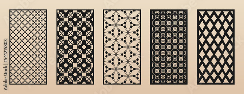 Laser cut patterns. Vector set of oriental geometric ornaments with grid, mesh, diamonds, flower silhouette. Elegant template for cnc cutting, decorative panels of wood, paper, metal. Aspect ratio 1:2