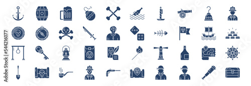 Collection of icons related to Pirates, including icons like Anchor, Barrel, Beer, Bomb and more. vector illustrations, Pixel Perfect set
