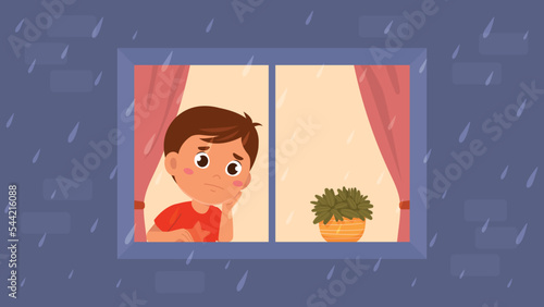 Sad Boy Looking at Rain from Window. Thoughtful little preschooler stay at home and misses warm weather. Downpour in autumn season. Cold and raindrops in fall. Cartoon flat vector illustration