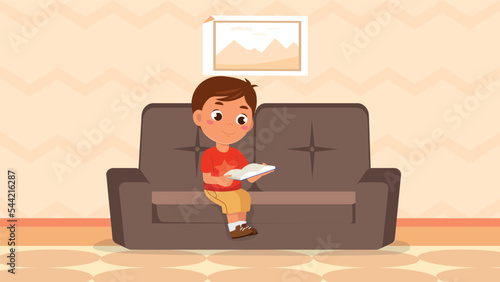 Little boy reading book. Smiling little guy preschooler sits on soft sofa and studies literature. Student replenishes vocabulary or learns English. Remote lesson. Cartoon flat vector illustration