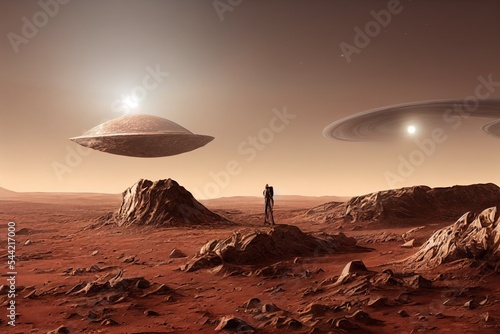 Extremely detailed and realistic high resolution feauturing 3 dancing Grey Aliens on a Mars like planet photo