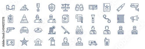 Fotomurale Collection of icons related to Police and Law, including icons like Arrest, Auction, Bullet, Binoculars and more