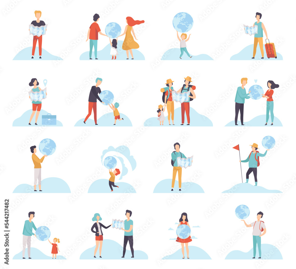 People Characters with Globe and Map Planning Travel Big Vector Set
