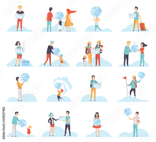 People Characters with Globe and Map Planning Travel Big Vector Set