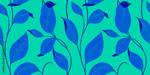 Luxury seamless pattern with striped leaves. Elegant floral background in minimalistic linear style. Trendy line art design element. Vector illustration.