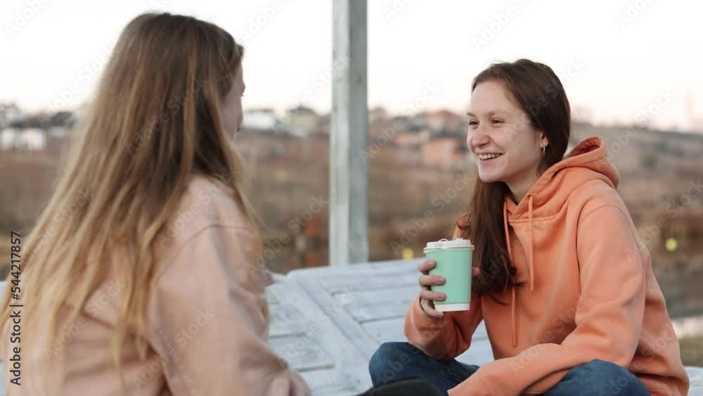 two teenage girl sitting in the wooden deck chairs on the lake shore two teenage girl sitting in the wooden deck chairs on the lake shore