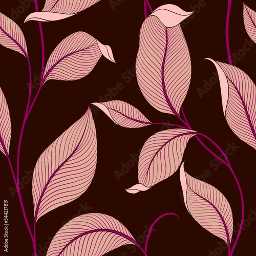 Luxury seamless pattern with striped leaves. Elegant floral background in minimalistic linear style. Trendy line art design element. Vector illustration.