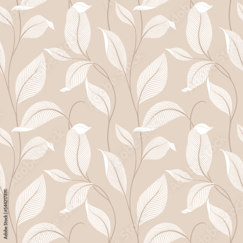 Fototapeta Naklejka Na Ścianę i Meble -  Luxury seamless pattern with striped leaves. Elegant floral background in minimalistic linear style. Trendy line art design element. Vector illustration.
