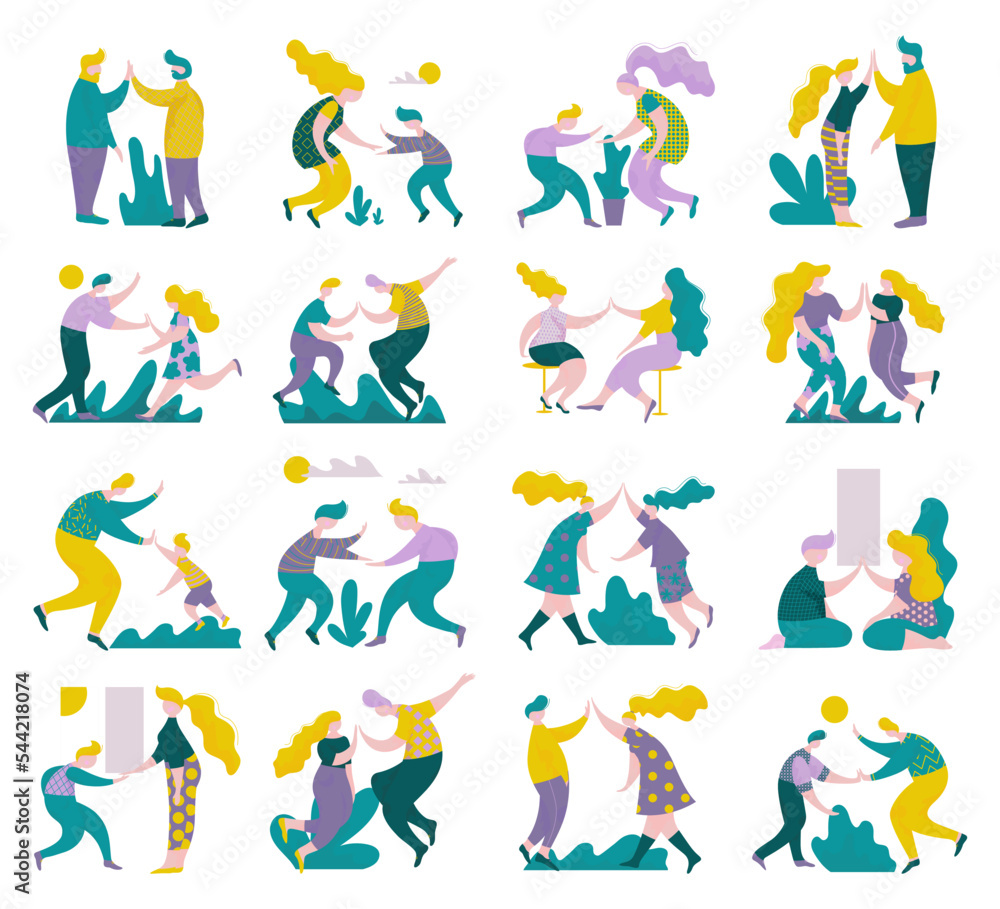 People Character Giving High Five Greeting Each Other Big Vector Set