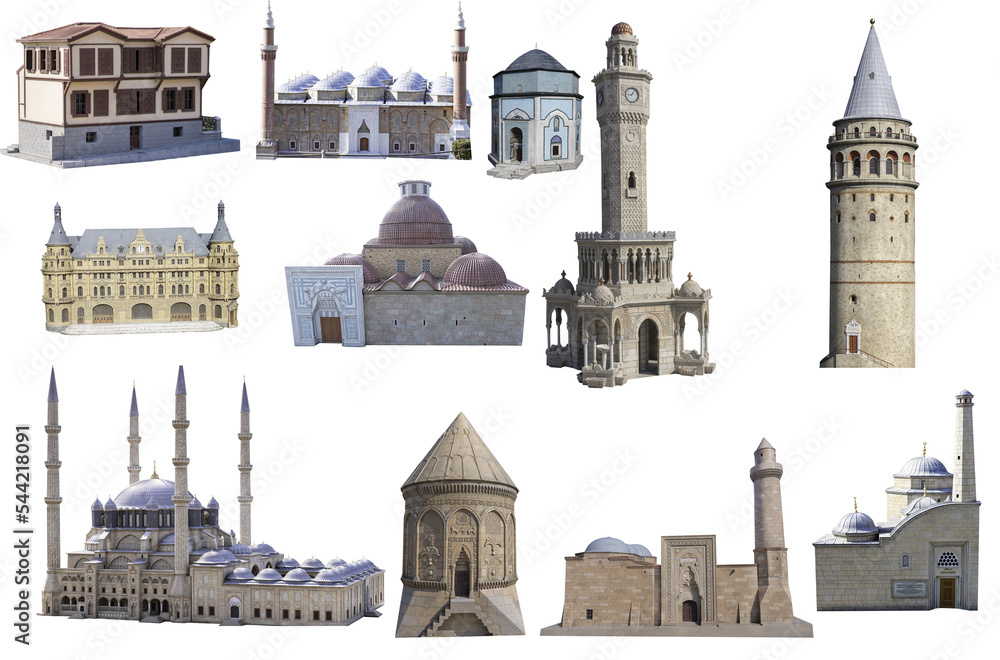 Naklejka premium Mixed istanbul isolated Set . Transparent PNG suleymaniye mosque, bursa mosque, izmir tower, isolated background. istanbul mosque white PNG background 