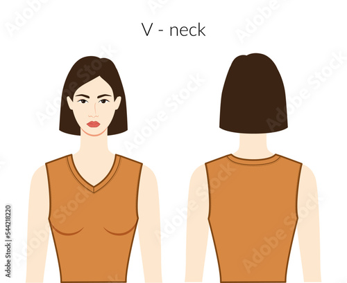 V - neckline clothes knits, sweaters character lady in ochre top, shirt, dress technical fashion illustration with fitted body. Flat apparel template front, back sides. Women, men unisex CAD mockup
