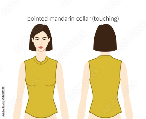 Pointed mandarin collar touching neckline clothes character beautiful lady top, shirt, dress technical fashion illustration. Flat apparel template front, back sides. Women, men unisex CAD mockup