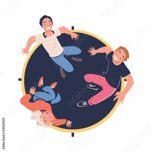 Happy Man and Woman Characters Jumping on Trampoline Bouncing and Flying in the Air Above View Vector Illustration