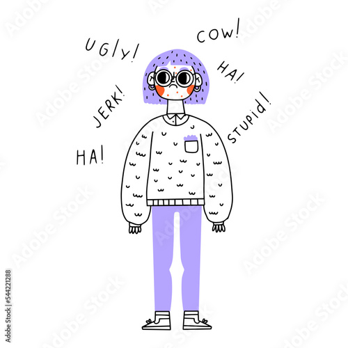 Aggressive words, harassment, name-calling and bad words. . Unhappy child suffer from bullying and harassment. Mockery concept. Vector illustration. Scared and upset girl on white background.