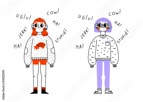 Aggressive words, harassment, name-calling and bad words. . Unhappy child suffer from bullying and harassment. Mockery concept. Vector illustration. Scared and upset girl on white background.