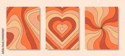 Groovy Hippie 70s Posters Set. Vector Psychedelic Background: Rainbow Heart, Sun Rays, Wavy Lines