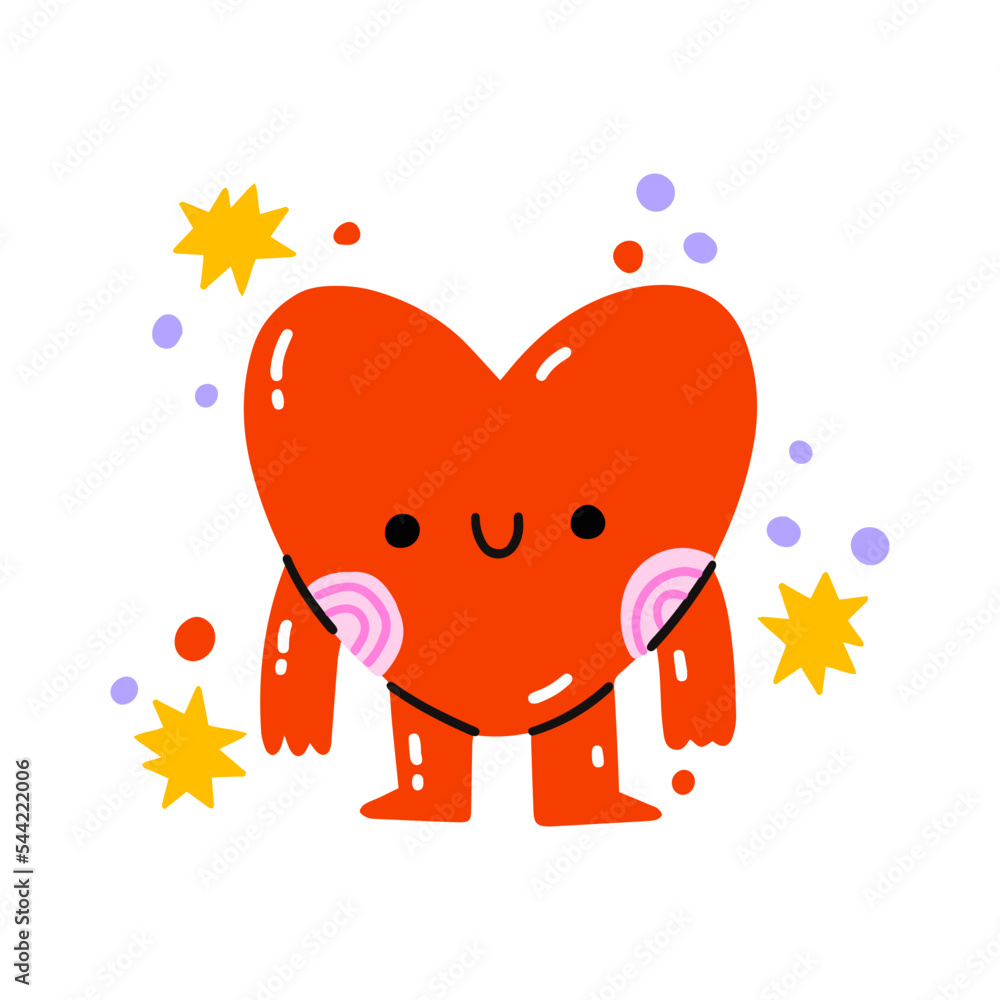 Obraz premium Trendy red cute heart. Vector hand drawn kawaii isolated illustration for t-shirts, postcards, posters, prints. Cartoon journal sticker.Cartoon heart character. February romantic holiday signs.