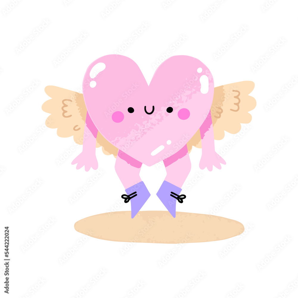Cartoon heart character. Valentine day concept. Cute love symbol with face flying on wings and smile. Art design for Valentines Day greetings and card, banner, poster, flyer, brochure, print. Kawaii Cartoon heart character. Valentine day concept. Cute love symbol with face flying on wings and smile. Art design for Valentines Day greetings and card, banner, poster, flyer, brochure, print. Kawaii
