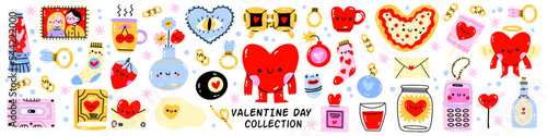 Valentine's Day elements set. Different romantic objects. Vector illustration for planner, love letter or diary. Cartoon wedding journal sticker collection.Heart, glasses, vase of flowers, socks.