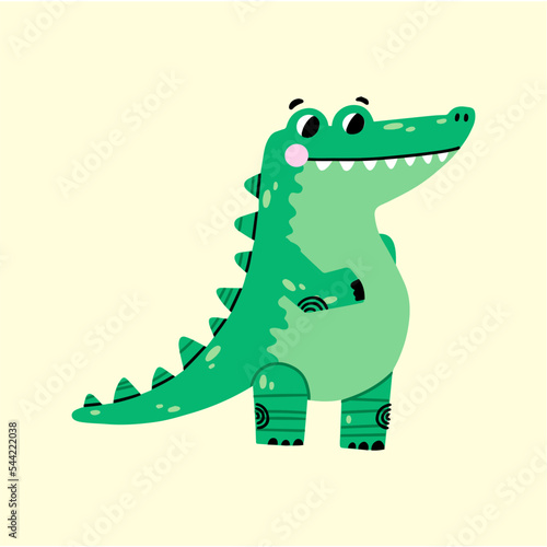 Funny and cute green crocodile. Adorable baby crocodile character  vector illustration. Happy crocodile character standing isolated on white background. Childish colored flat vector illustration