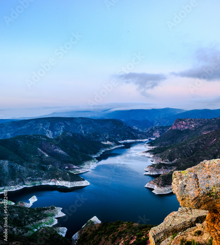 dam at blue hour, mountains with blue sky in zimapan hidalgo 