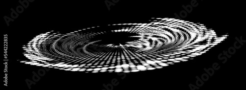 Pinpoint perforated background from a transparent polka dot halftone  stencil swirl. Puncture outline with rays and spirals. A pellucid contour of dots, strokes, spots.