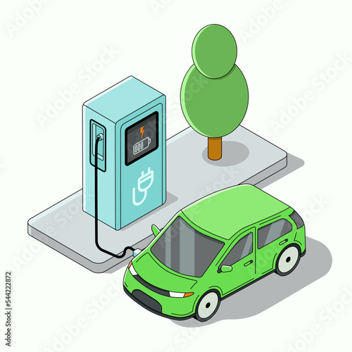 isometric illustration of electric car charging in charging station