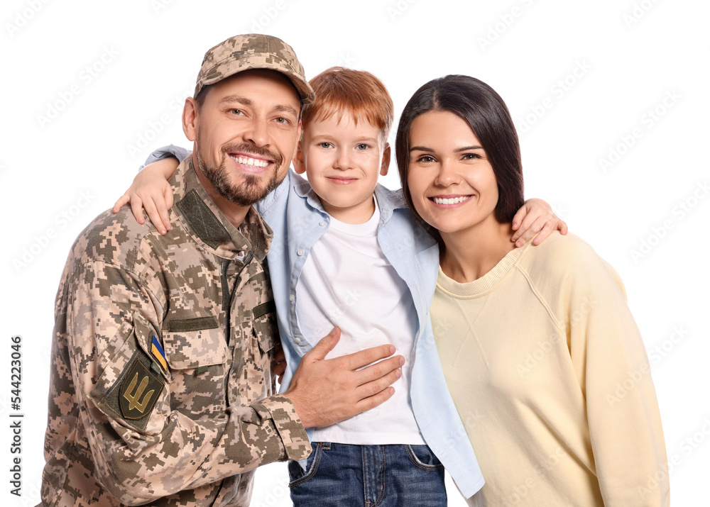 Fototapeta premium Ukrainian defender in military uniform with his family on white background