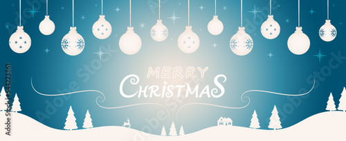 Greeting card for Christmas, xmas and winter holidays. Merry Christmas inscription with Christmas balls and stars, winter landscape with fir trees, house, reindeer and snow. Vector illustration