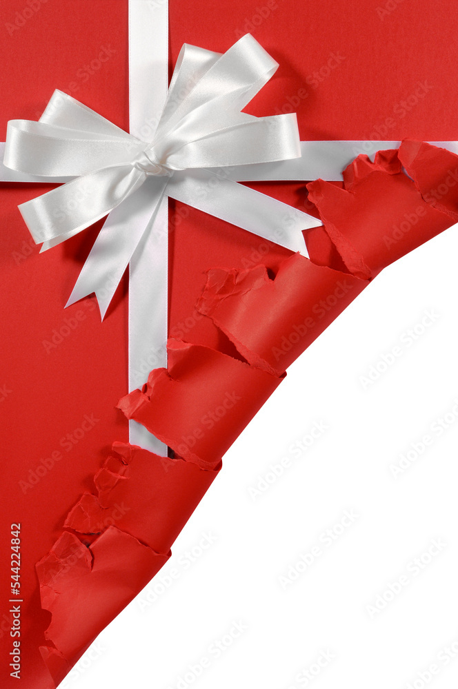 Red paper open gift with white ribbon bow and torn edge isolated