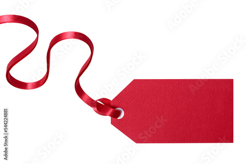 Red gift tag with ribbon blank plain isolated transparent background photo PNG file