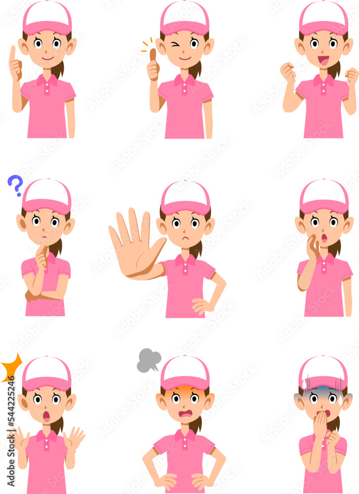 ピンク色の半袖のポロシャツ姿で帽子をかぶった女性スタッフの上半身　9種類の表情とポーズ1
