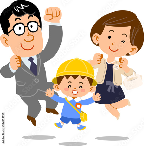 ジャンプする入園式の家族
