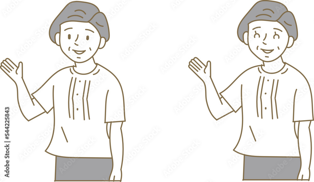 カジュアルな服装で片手を上げて案内するシニア女性の上半身のイラストセット カジュアルな服装で片手を上げて案内するシニア女性の上半身のイラストセット