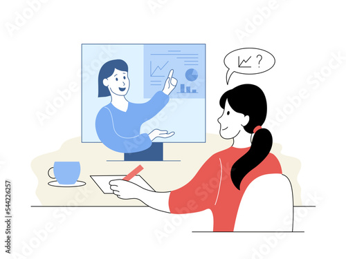 Student girl sitting in front of computer learning online. Schoolgirl watching remote online webinar lesson. Distance lesson, homeschooling cartoon thin line vector illustration