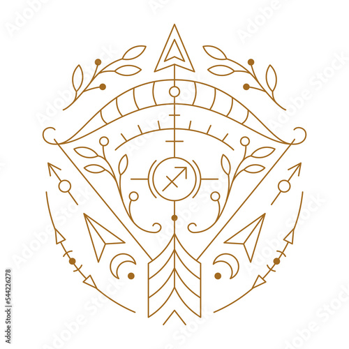 Sagittarius zodiac astrology horoscope stylized sign thin line. Archer symbol of esoteric, zodiacal astrological calendar, horoscope constellation vector illustration