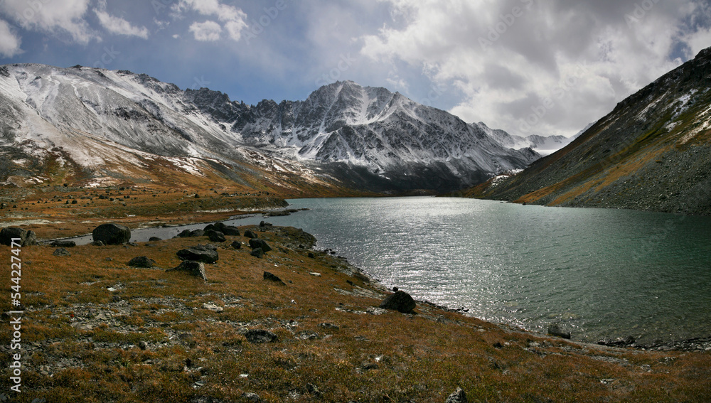 Wild mountain lake, cloudy autumn weather, natural light