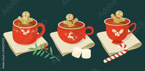 set of hot drink in red christmas cups with snacks