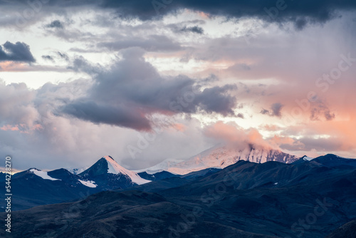 The snow mountains and sunset glow in Shannan city Tibet Autonomous Region, China.