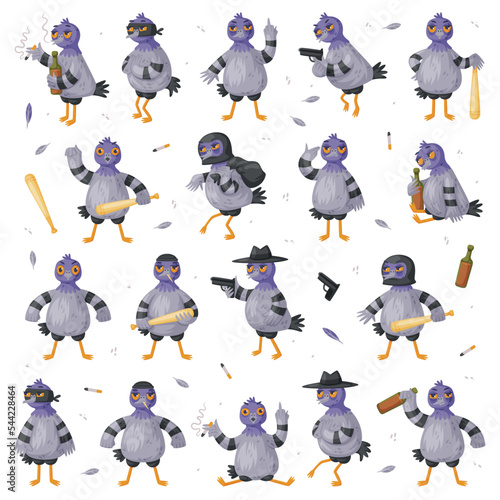 Pigeon Bandit Character with Bat and Handgun Smoking Cigarette and with Alcohol Bottle Vector Set