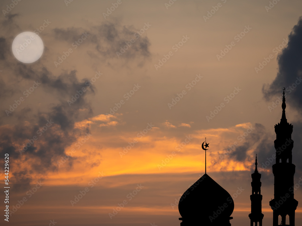 Mosques Dome,Moon on Dusk Sunset Twilight Sky Background,Islamic New Year Muharram,Islamic Religion Symbols Ramadan and Arabic,Eid al-Adha,Eid al-fitr,Mubarak,Kareem Holy Muslim,Mubarak God.