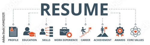 Resume banner web icon vector illustration concept with icon of profile, education, skills, work experience, career, achievement, awards, core values